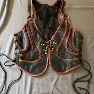 Black and Brown Leather Vest with Pink Accents